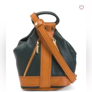 New Valentina Sling Leather Backpack Handbag Made in Italy Green Camel